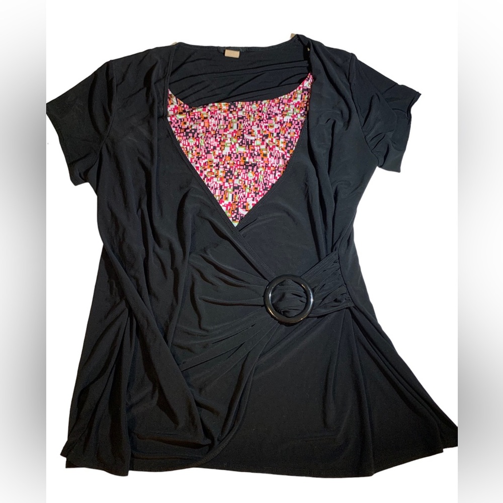 American City Ware Size 2X classy blouse cinched at waist flattering black pink